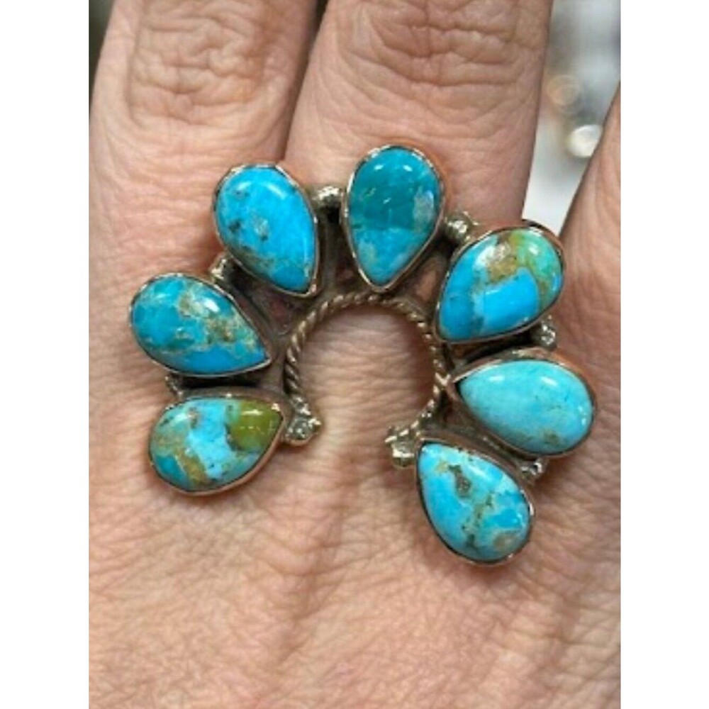 Turquoise 7 Stone Naja in Pure Copper Bypass Ring Size 8